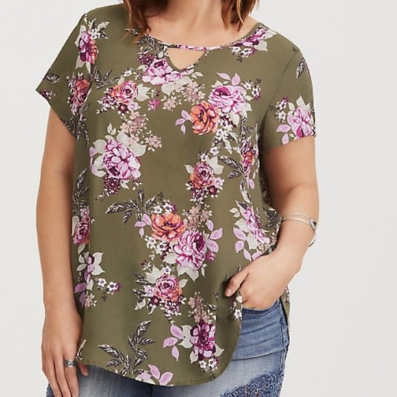 torrid Tops - torrid Green Floral Georgette Keyhole Top